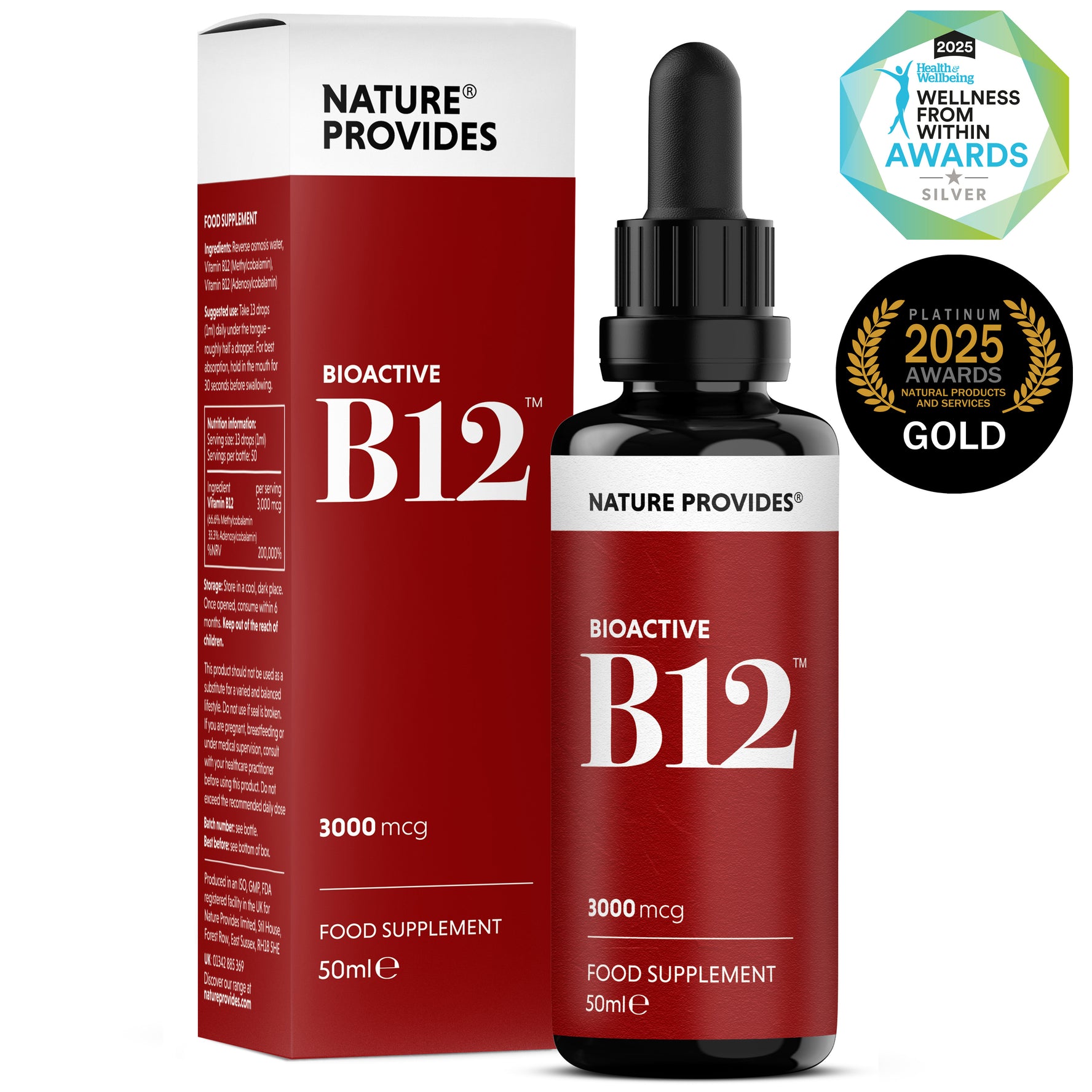 Nature fournit de la vitamine B12 liquide (B12 bioactive, 3000 mcg) fabriquée au Royaume-Uni - 50 ml