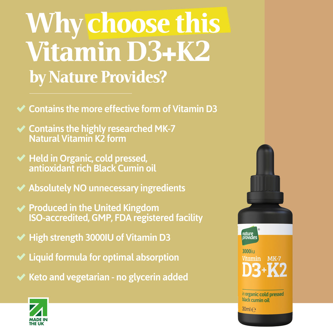 Vitamine D3 liquide (3000UI) & K2 (MK-7 / MK7 100% trans) dans de l'huile de nigelle bio - 30ml