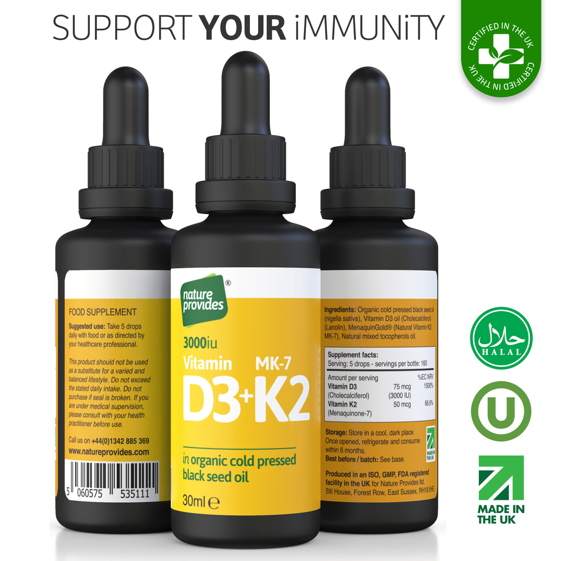 Vitamine D3 liquide (3000UI) & K2 (MK-7 / MK7 100% trans) dans de l'huile de nigelle bio - 30ml