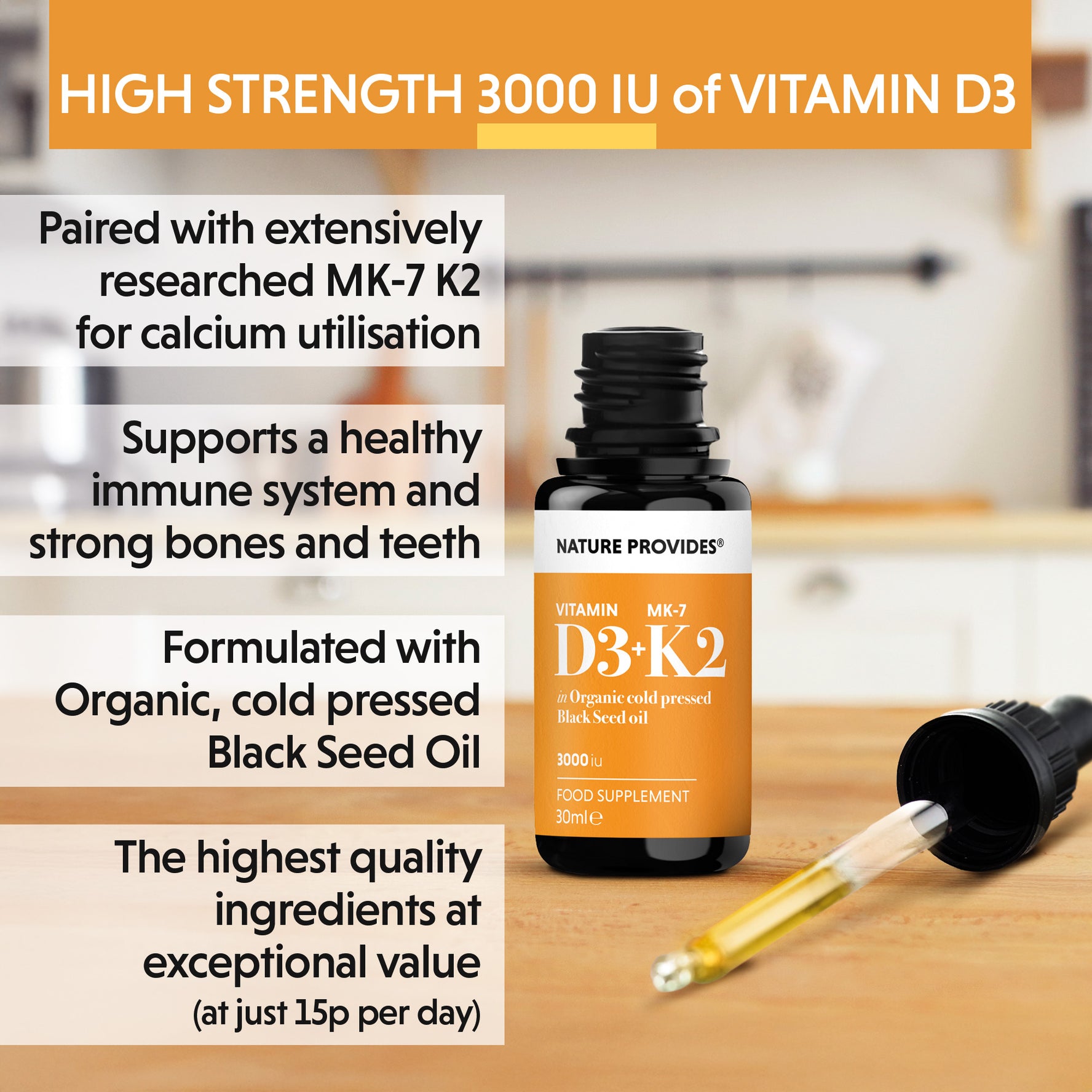 D3+K2 (3000IU) Liquid Vitamin D3 & K2 (MK7) in Organic BlackSeed Oil-30ml