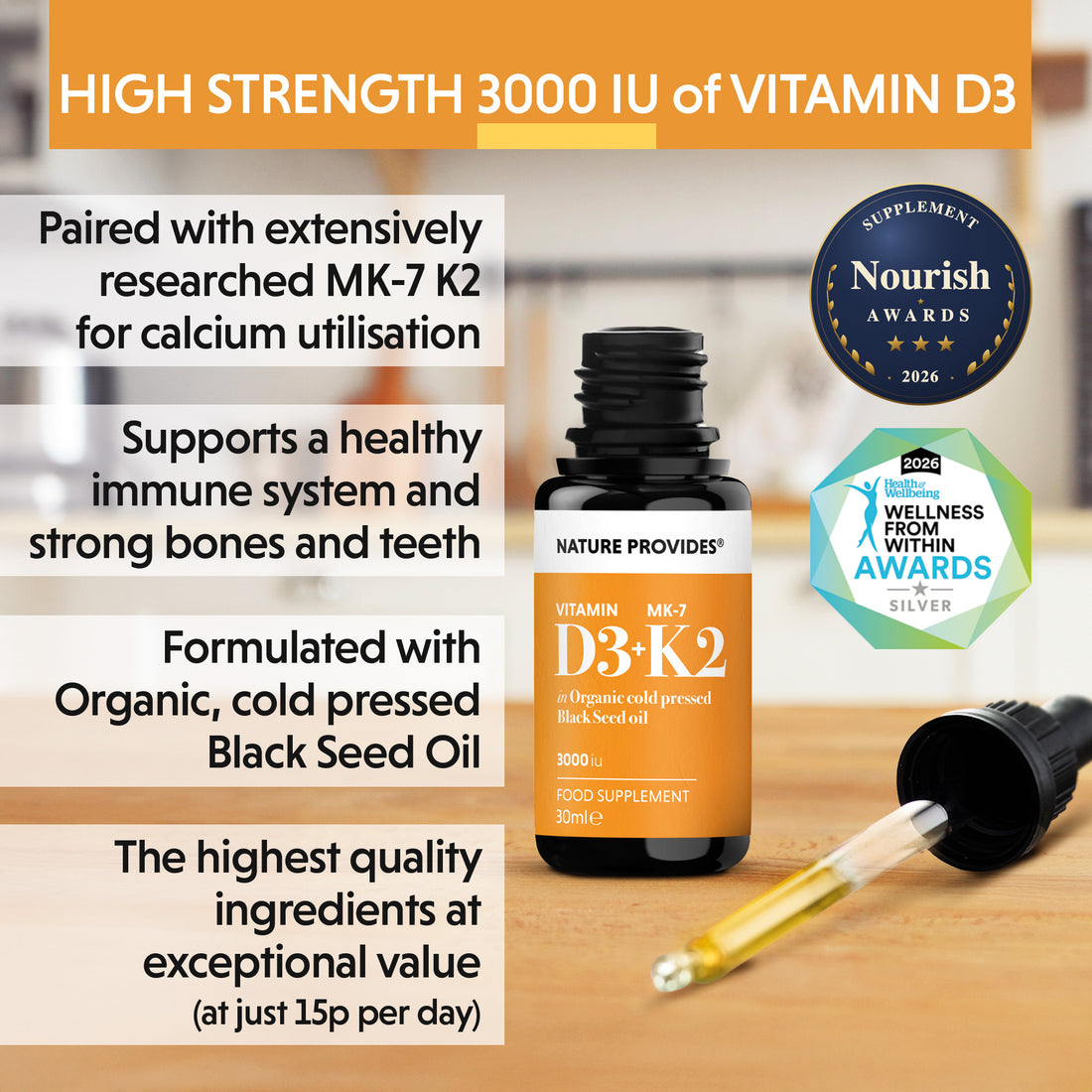 D3+K2 (3000UI) Vitamine D3 & K2 (MK7) liquide dans Huile de Nigelle Biologique - 30ml
