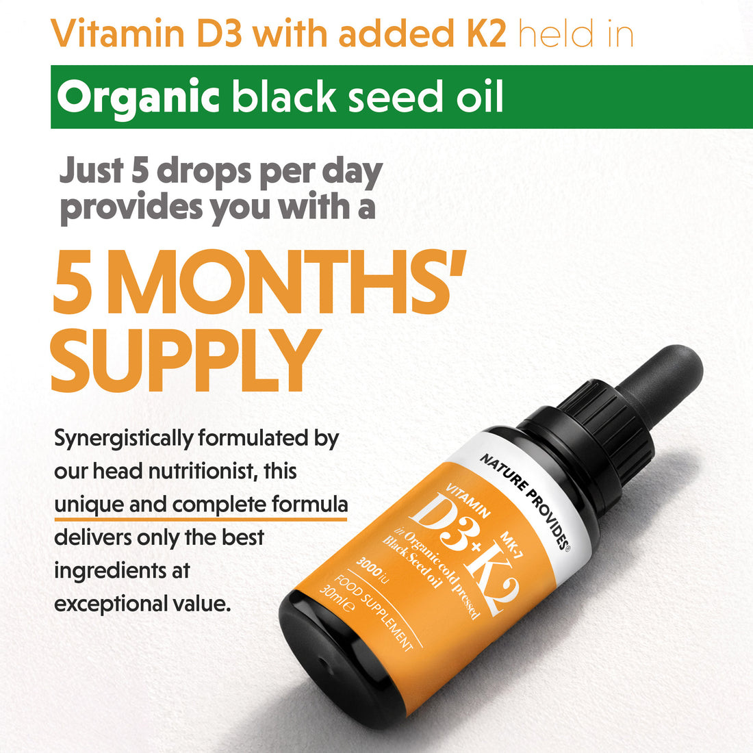 D3+K2 (3000IU) Liquid Vitamin D3 & K2 (MK7) in Organic BlackSeed Oil-30ml