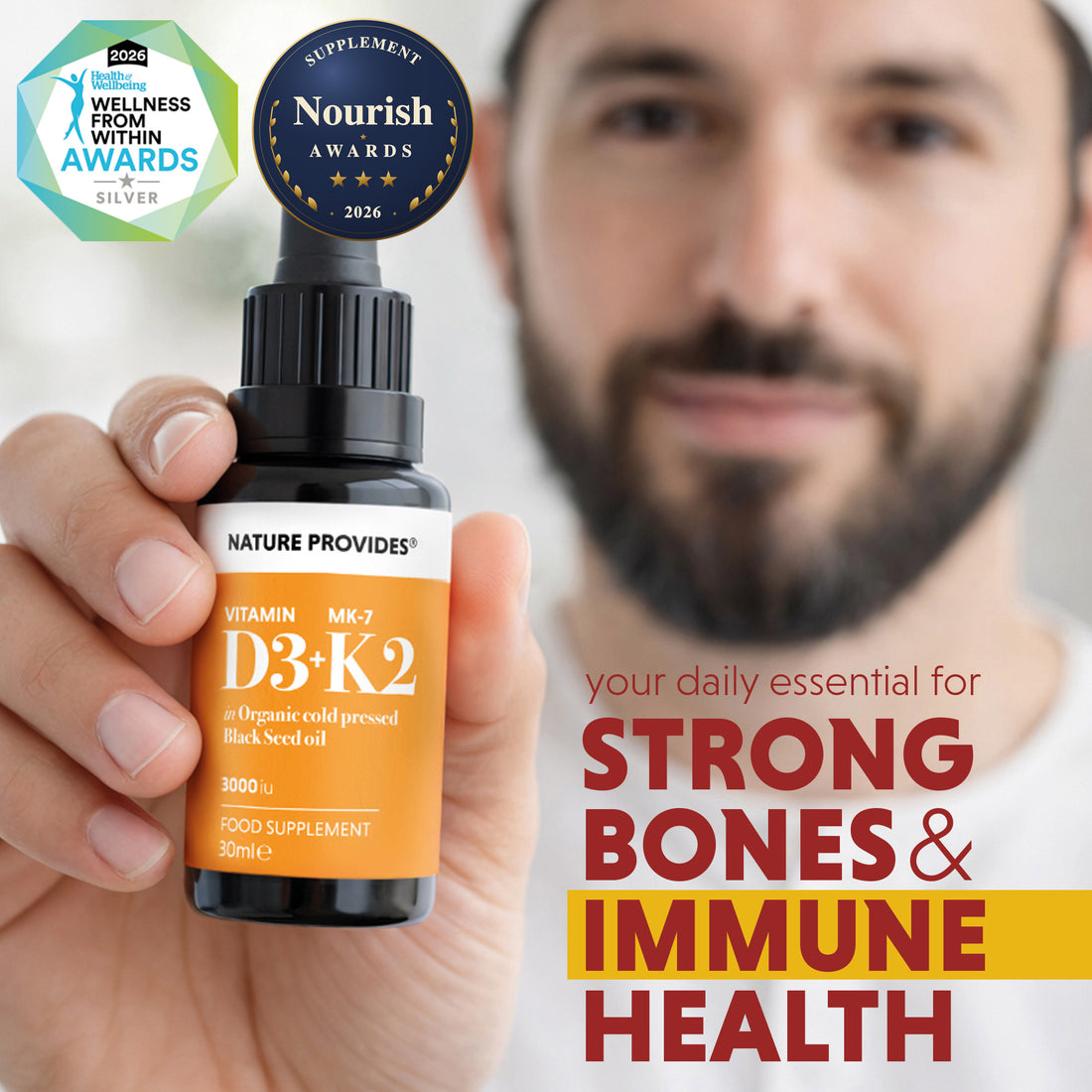 D3+K2 (3000UI) Vitamine D3 & K2 (MK7) liquide dans Huile de Nigelle Biologique - 30ml