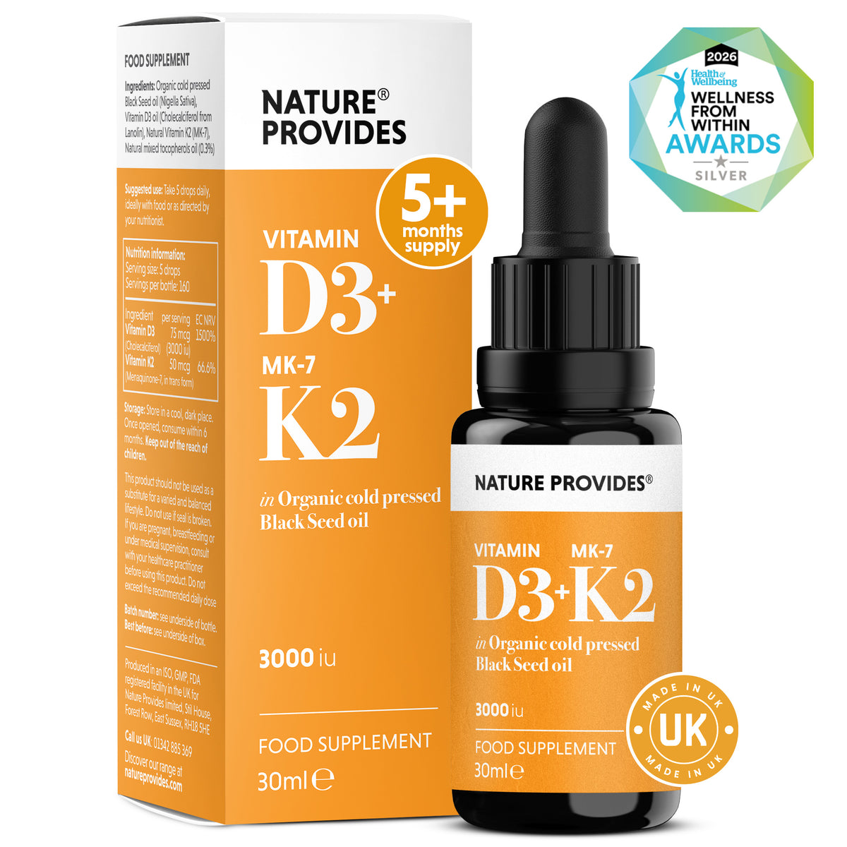 D3+K2 (3000UI) Vitamine D3 & K2 (MK7) liquide dans Huile de Nigelle Biologique - 30ml