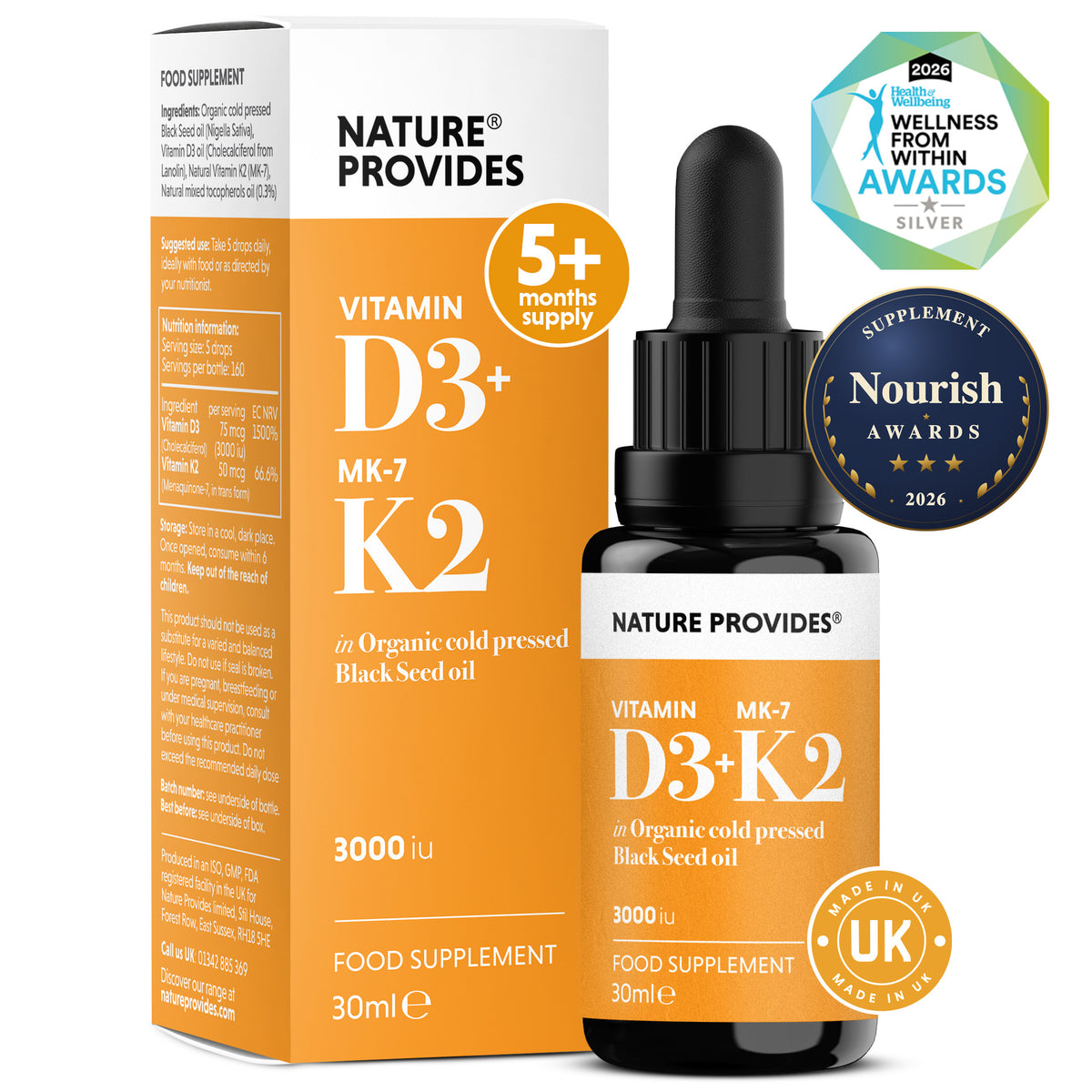 D3+K2 (3000UI) Vitamine D3 & K2 (MK7) liquide dans Huile de Nigelle Biologique - 30ml