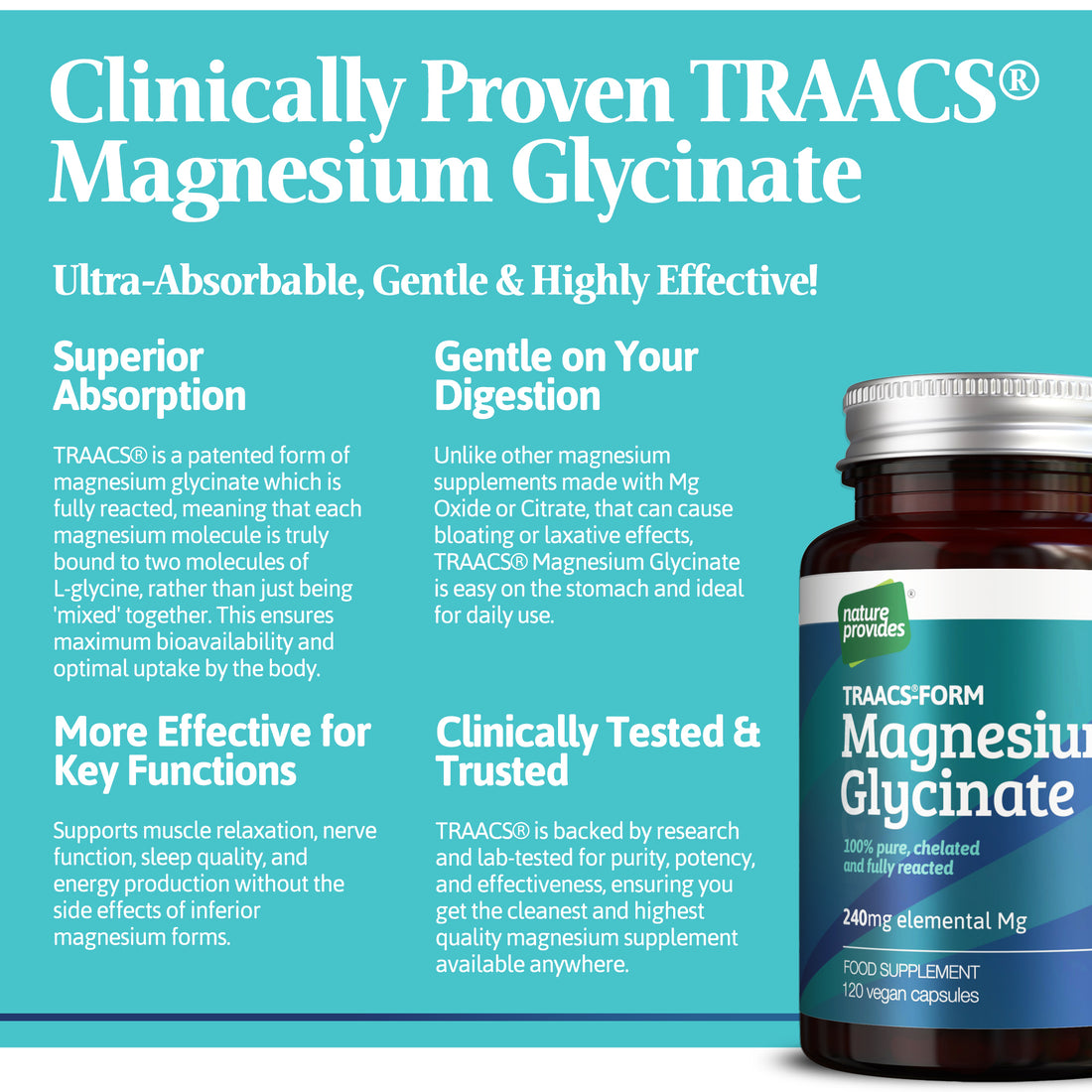 Glycinate de Magnésium Pur / Bisglycinate (forme TRAACS®) Fabriqué au Royaume-Uni