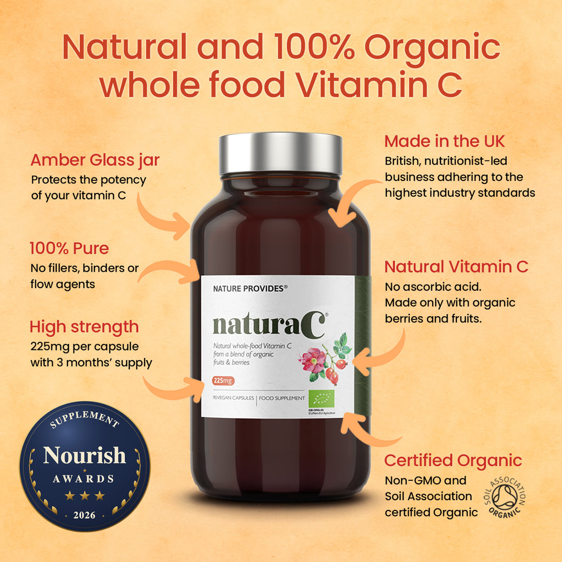 naturaC® (225mg) Vitamine C alimentaire complète biologique - 90 Capsules