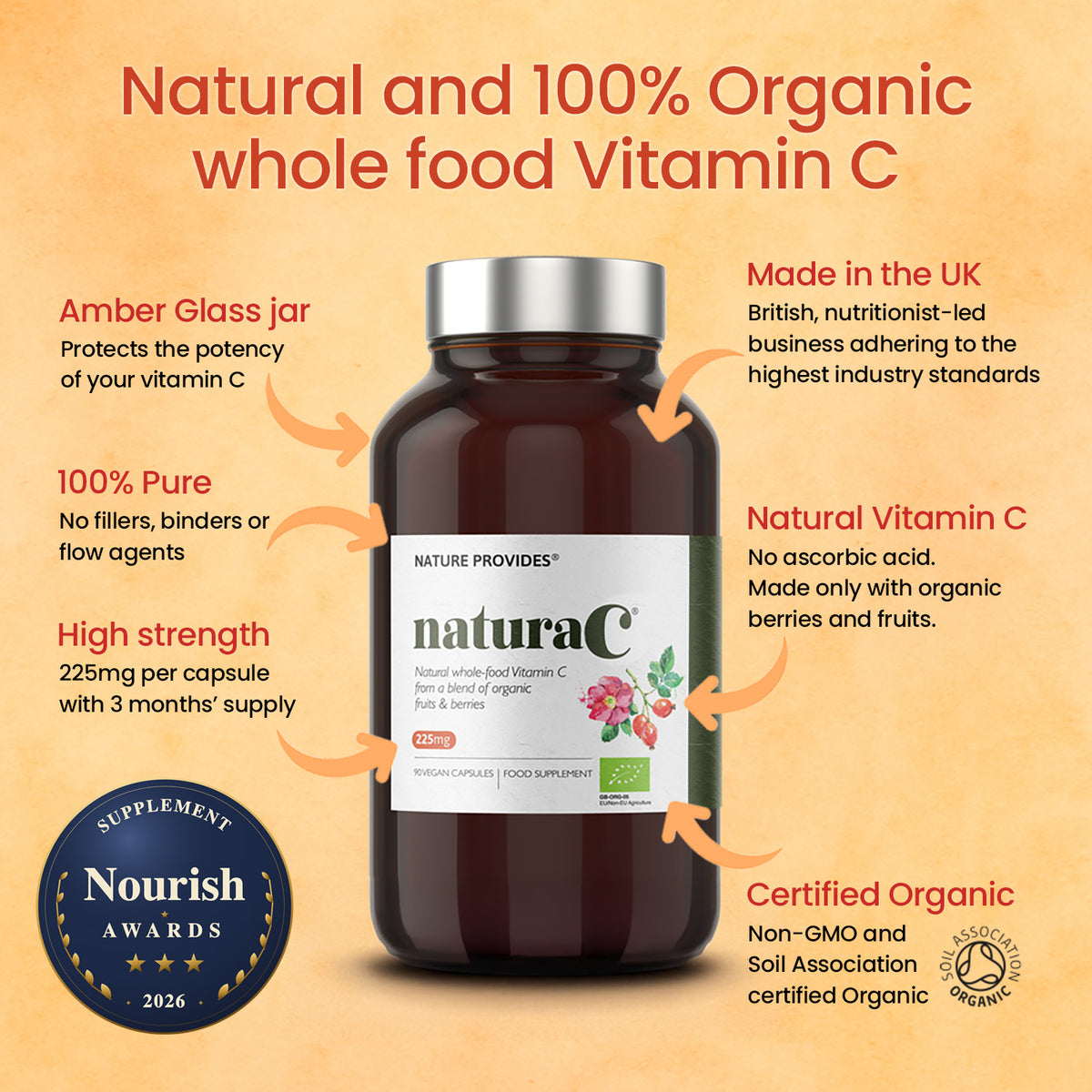 naturaC® (225mg) Vitamine C alimentaire complète biologique - 90 Capsules