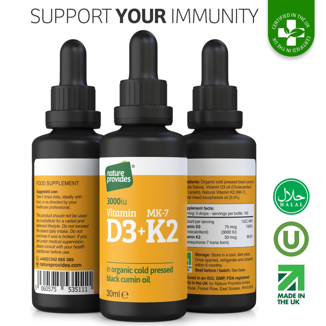 Liquid Vitamin D3 (3000IU) & K2 (MK - 7, 100% trans) in Organic Black Cumin Oil - 30ml - Nature Provides