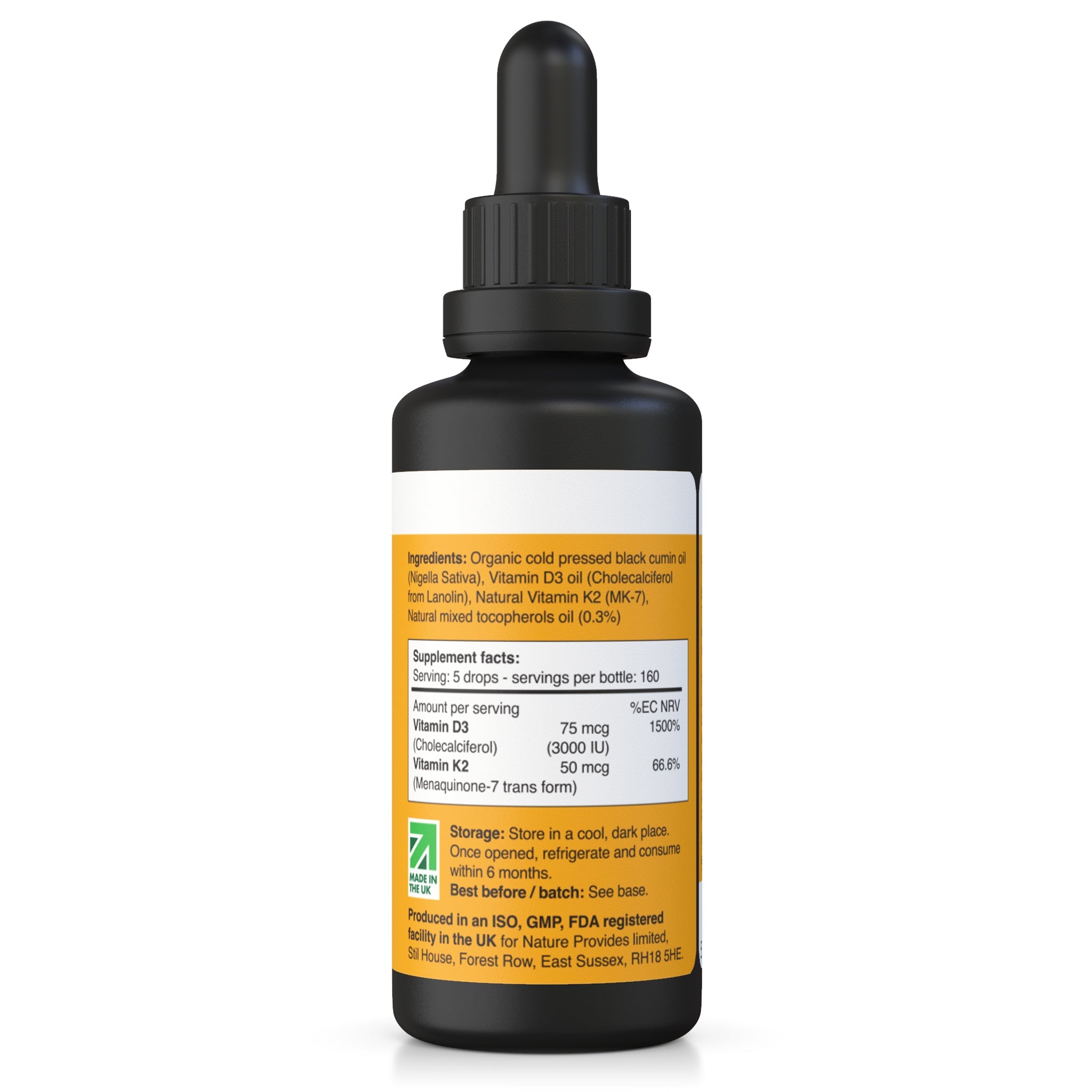 Liquid Vitamin D3 (3000IU) & K2 (MK - 7, 100% trans) in Organic Black Cumin Oil - 30ml - Nature Provides