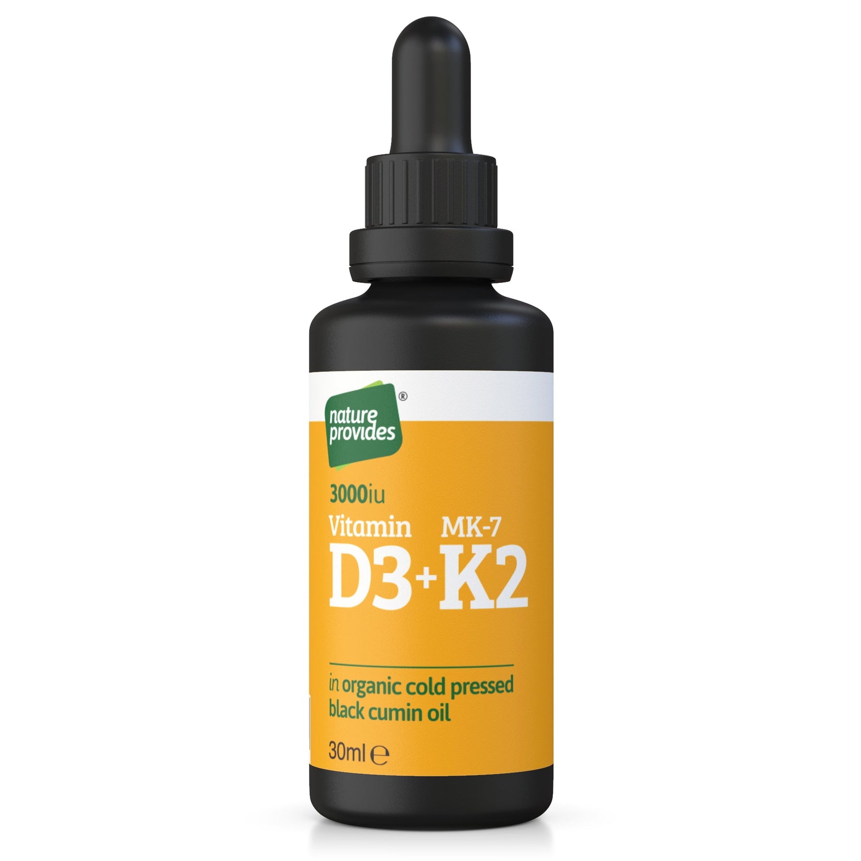 Liquid Vitamin D3 (3000IU) & K2 (MK - 7, 100% trans) in Organic Black Cumin Oil - 30ml - Nature Provides